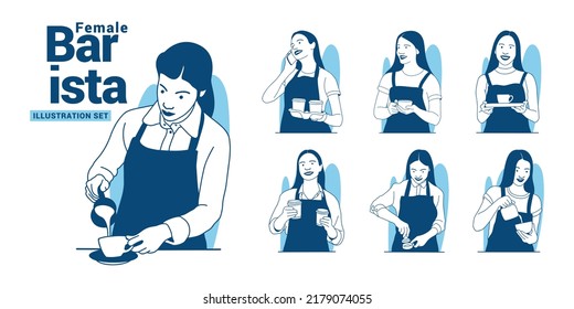 Female Barista Illustration Set. Coffee business concept.
