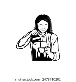 female barista with long hair pouring drinks from a black and white cup container vector illustration