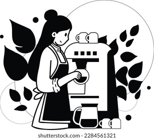 Female barista making coffee from coffee machine illustration in doodle style isolated on background