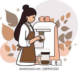 Barista femenina haciendo café a partir de la ilustración de la máquina de café en estilo doodle aislado en el fondo