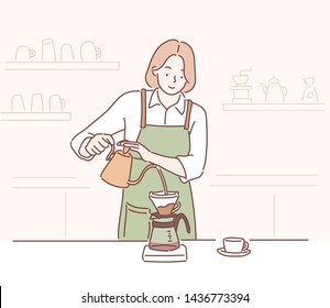 Female barista making coffee, manual brew drip coffee and accessories. Hand drawn style vector design illustrations.