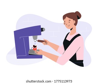 Female barista making coffee, preparing espresso standing in front of professional coffee machine, young woman working in coffee shop or cafe in apron, flat vector cartoon illustration