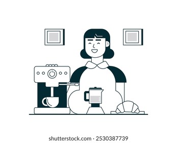 Una barista hembra haciendo café usando una máquina para un Cliente, y un orden de croissants. Diseño de personajes. Ilustración plana de Vector