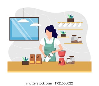 Female barista making coffee. Female worker working as barista coffee shop. Manual brew coffee, Young women as barista pouring and processing coffee preparations. Vector illustration in a flat style