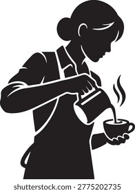 Female Barista Pouring Coffee Vector Silhouette: Minimalist Cafe Worker Icon for Coffee Shop Branding, Restaurant Menus, and Service Industry Graphics.