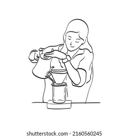 female barista pouring hot water from classic jar to arabica coffee in filter illustration vector hand drawn isolated on white background line art.