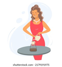 A female barista prepares coffee. Nice energetic lady pours hot tea or coffee. Cartoon flat isolated vector. A spectacular female character in a bright red dress brews espresso at home or at work.