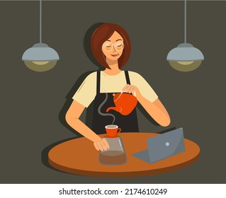 A female barista prepares coffee using an internet connection from a laptop. Flat vector. A young girl in an apron works in a bar, shop, cafe. Pretty woman preparing espresso in a dark room.