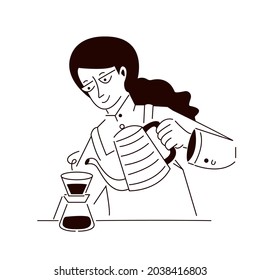 Female barista prepares and serves cappuccino. Coffee time and take away concept. Cartoon woman preparing and serving types of coffee. Girl making cup of hot drink for breakfast. Vector illustration