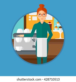 A female barista sanding in front of coffee machine. Barista at coffee shop. Professional barista making a cup of coffee. Vector flat design illustration in the circle isolated on background.