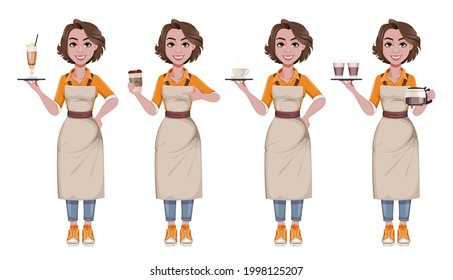 Female barista, set of four poses. Coffee business concept. 