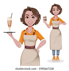 Female barista, set of two poses. Coffee business concept