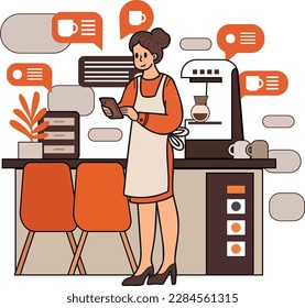 Female barista taking orders from smartphone illustration in doodle style isolated on background