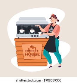 female barista in uniform making coffee by coffee machine at counter in cafe full length vector illustration