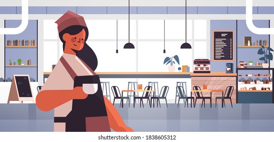 female barista in uniform working in coffee house waitress in apron serving coffee modern cafe interior horizontal portrait vector illustration