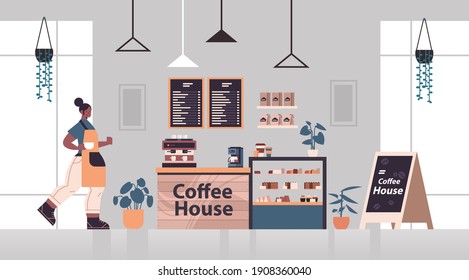 female barista in uniform working in coffee house waitress in apron serving coffee modern cafe interior horizontal full length vector illustration