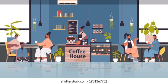 weibliche Barista in einheitlicher Arbeit in Kaffeehaus Kellnerin in Schürze Kaffee für Mix-Rennkunden moderne Café-Innere horizontale Vektorgrafik