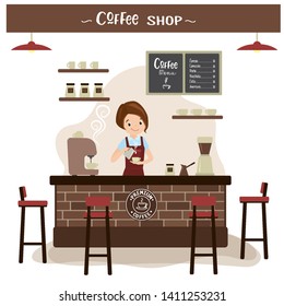 Female barista or waiter at the bar in the cafe. Restaurant or coffee shop interior with furniture,cartoon woman character,flat vector illustration