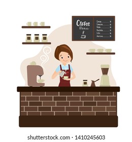 Female barista or waiter at the bar in the cafe,restaurant or coffee shop interior with furniture,cartoon woman character,flat vector illustration