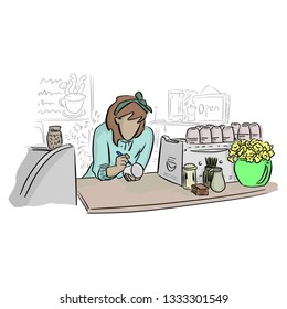 female barista writing name on glass in coffee shop vector illustration with black lines isolated on white background