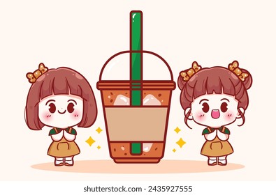 Female baristas with milk tea cartoon hand drawn cartoon illustration