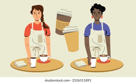 Mulher Baristas Servindo Café Takeaway na Xícara de Papel - Multicultural Café Staff Vetor