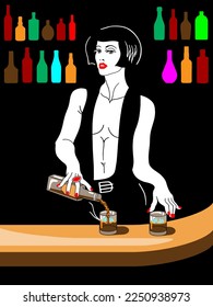 A female bartender pours a drink into glasses. Drawing on a black background.