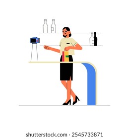 Barman Feminino Preparando Bebida Para Criação De Conteúdo On-Line Em Ilustração De Vetor Plano Simbolizando Mixologia, Mídias Sociais E Hospitalidade, Isolado Em Fundo Branco