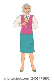 female bartender serving cocktail outline color vector illustration

