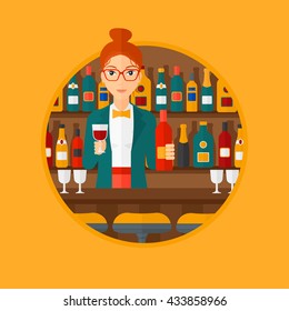 Female Bartender Standing At The Bar Counter. Female Bartender With A Bottle And A Glass In Hands. Female Bartender At Work. Vector Flat Design Illustration In The Circle Isolated On Background.