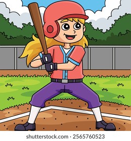 Female Baseball Batter Colored Cartoon 