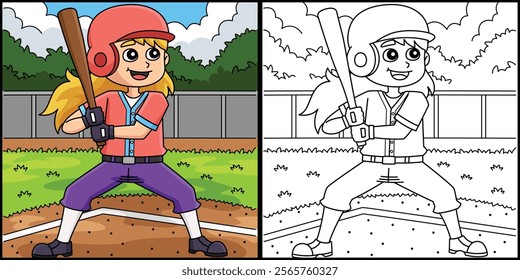 Female Baseball Batter Coloring Page Illustration