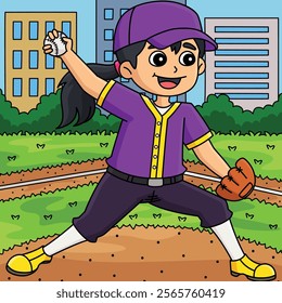 Female Baseball Pitcher Colored Cartoon 