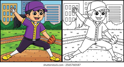 Female Baseball Pitcher Coloring Page Illustration