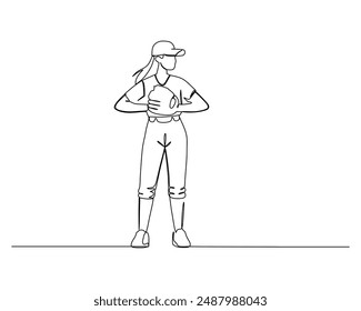 female baseball player in cap, glove and uniform,  standing on a field and ready to throw the ball. Continuous line drawing for sport and leisure activity promotion and banner illustration.