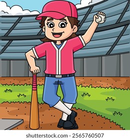 Female Baseball Player Colored Cartoon 