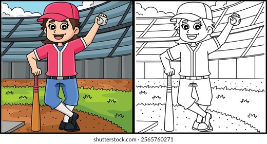 Female Baseball Player Coloring Page Illustration 