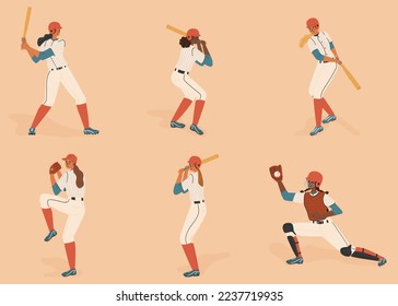 Female baseball players isolated characters vector set. Girls players figures with baseball bat and ball on a field. Woman baseball athletes in different positions. Pitcher, batter, catcher