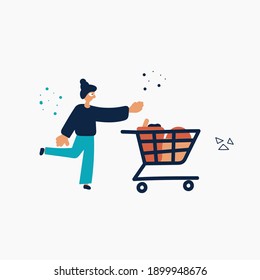 Female with basket at the shop vector hand drawn illustration, colorful doodle for shopping and retail business, girl character pose and gesture