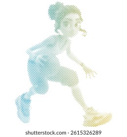 Female basketball athlete playing the ball in gradient dot halftone pattern with cartoon style
