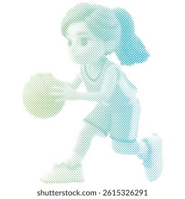 Female basketball athlete playing the ball in gradient dot halftone pattern