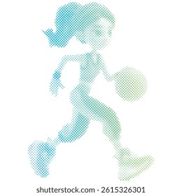 Female basketball athlete playing the ball in gradient dot halftone pattern with cartoon style