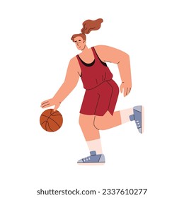 Female basketball character full length with ball, flat cartoon vector illustration isolated on white background. Woman athlete character for basketball sport game.