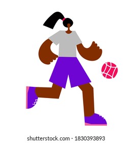 Female basketball player with ball. Adult black woman cartoon action character. Flat vector isolated illustration. Women basketball championship poster, banner design.