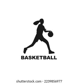 Female basketball player black silhouette. Athlete logo. Dribbling icon, sign or symbol. Simple vector illustration.