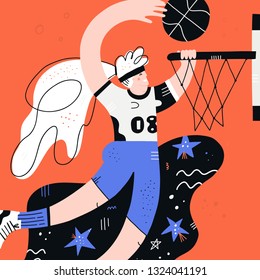 Female basketball player flat hand drawn vector illustration. Sportswoman cartoon character. Scandinavian style drawing. Girl throwing ball in basket. Women's basketball championship poster, banner