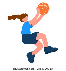 Female basketball player jumping to shoot, flat vector illustration