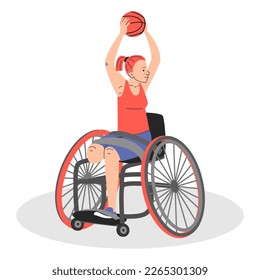 Female basketball player in wheelchair vector isolated. Woman holding ball, active sport competition.