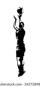 Female basketball player, woman shoots the ball at the basket, jump shot, isolated vector silhouette, rear view