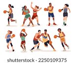 Female basketball players. Cartoon athletes in uniforms, men and women lead ball, defend and attack, game techniques and poses, people playing sport game, tidy cartoon flat vector set